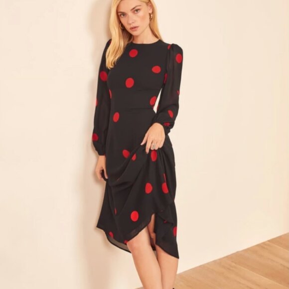 Reformation Luanne Red and Black Polka Dot Long Sleeve Midi Dress Size 4P - Picture 1 of 12